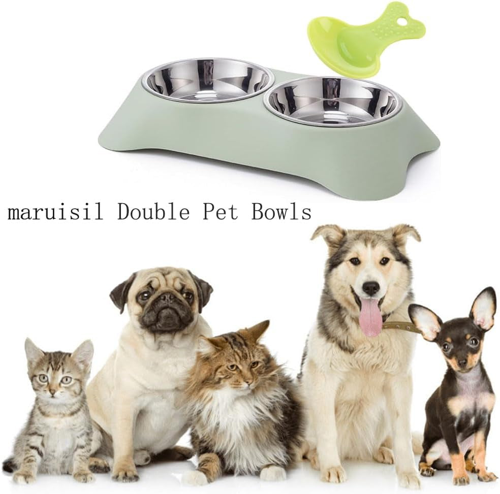 Double Dog Bowl,Non Slip Stainless Steel Double Bowls (Dark Blue, M) | Non-Spill Pet Double Bowls with 1 Pet Food Spoop for Small Dogs and Cats