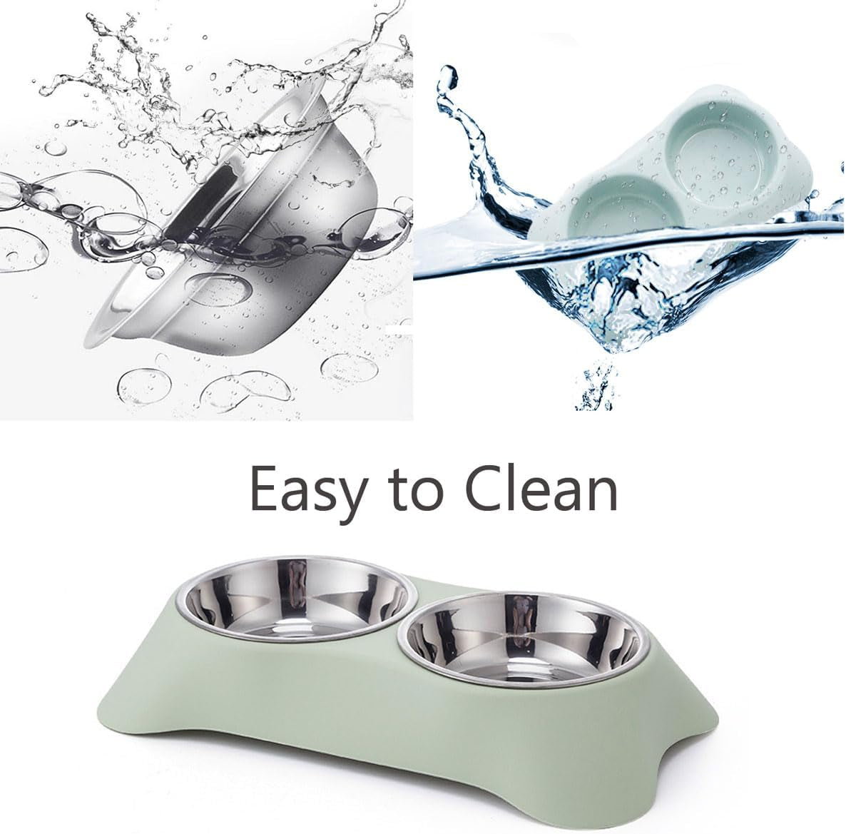 Double Dog Bowl,Non Slip Stainless Steel Double Bowls (M, Blue) | Non-Spill Pet Double Bowls with 1 Pet Food Spoop for Small Dogs and Cats