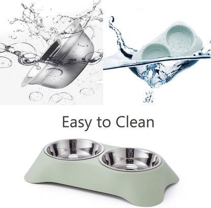 Double Dog Bowl,Non Slip Stainless Steel Double Bowls (M, Blue) | Non-Spill Pet Double Bowls with 1 Pet Food Spoop for Small Dogs and Cats