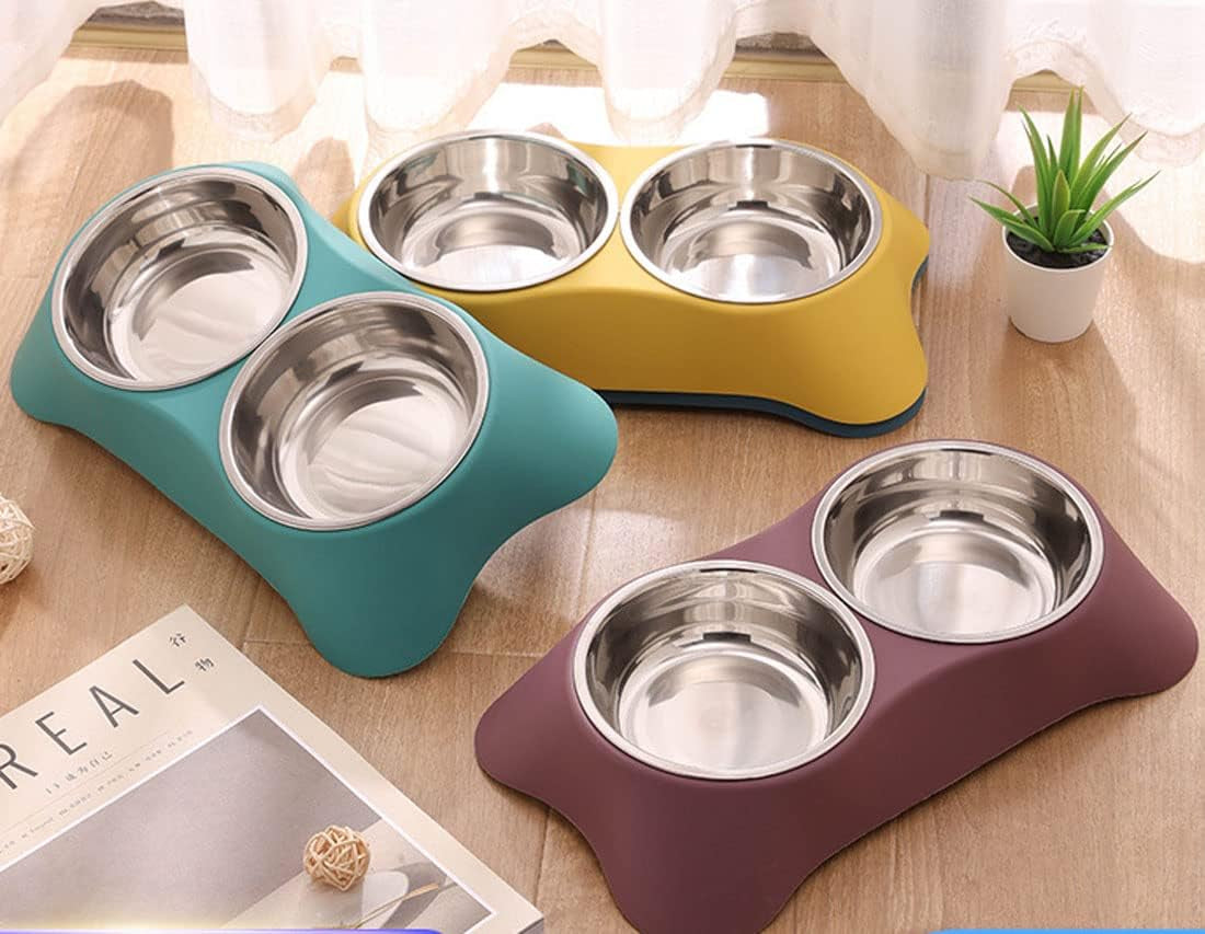 Double Dog Bowl,Non Slip Stainless Steel Double Bowls (Dark Blue, M) | Non-Spill Pet Double Bowls with 1 Pet Food Spoop for Small Dogs and Cats