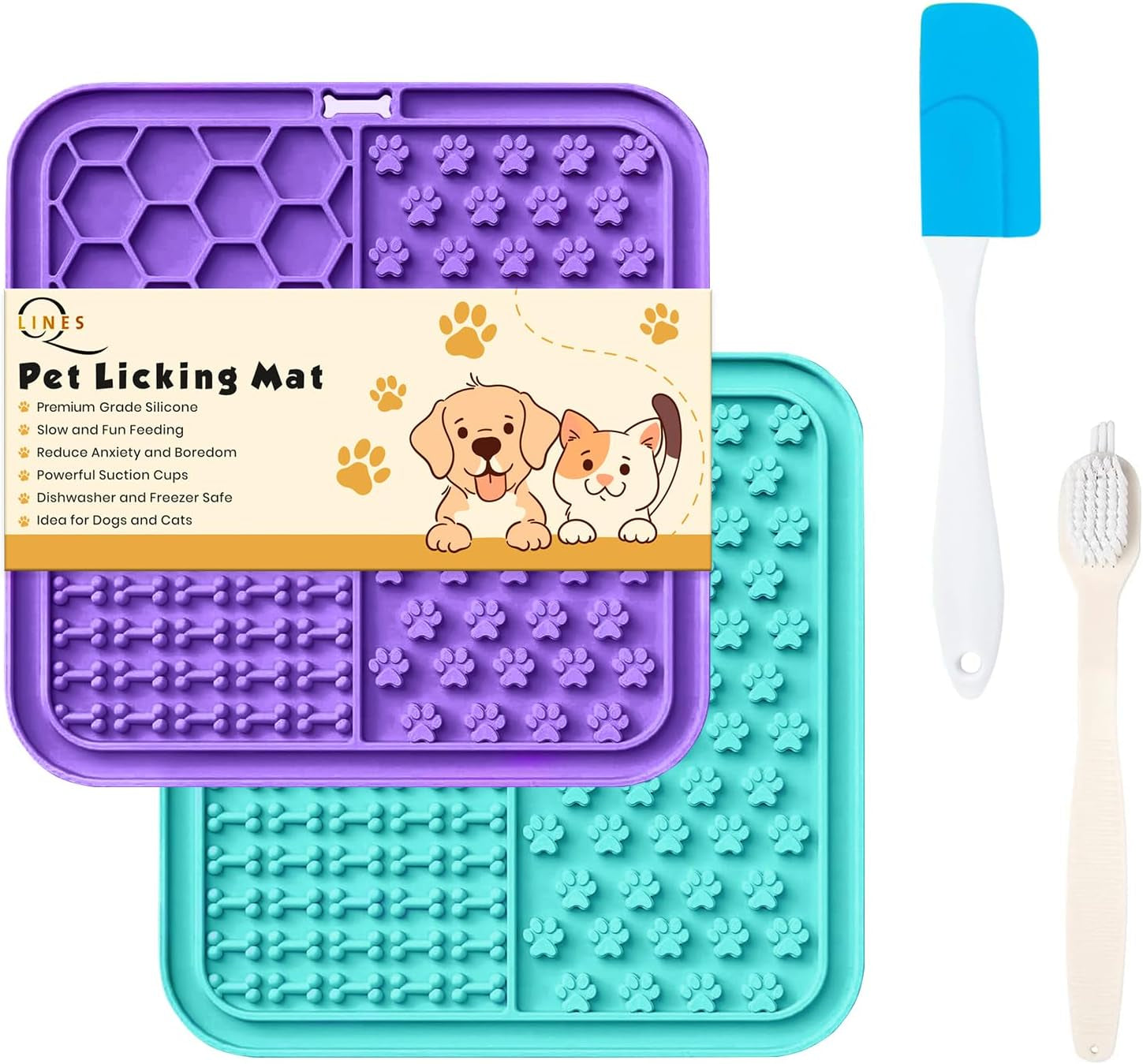 Licky Mats for Dogs Pack of 2 Licky Mats for Dogs with Strong Suction Cup - Slow Pet Feeder for Food, Peanut Butter Includes Spatula & Brush - Perfect for Grooming & Training (Light Blue/Purple)