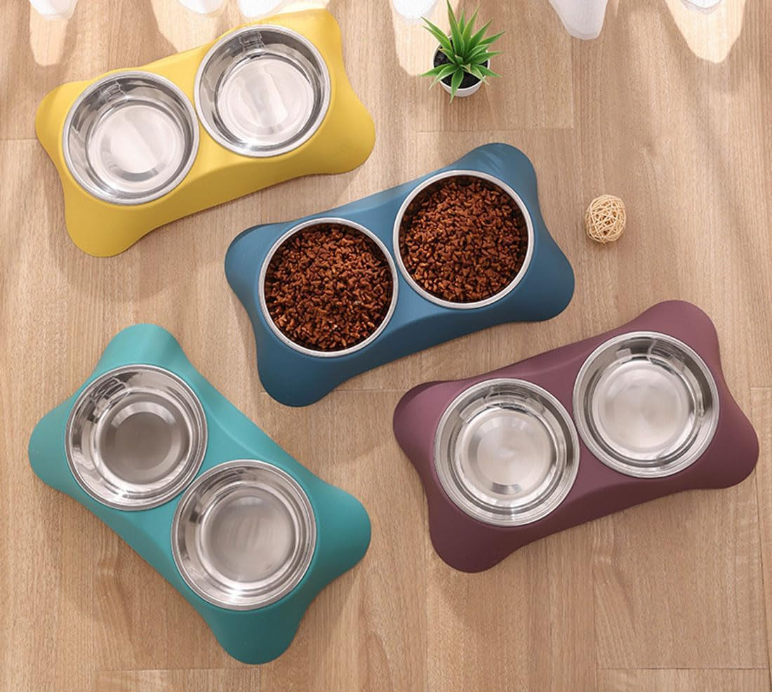 Double Dog Bowl,Non Slip Stainless Steel Double Bowls (Dark Blue, M) | Non-Spill Pet Double Bowls with 1 Pet Food Spoop for Small Dogs and Cats