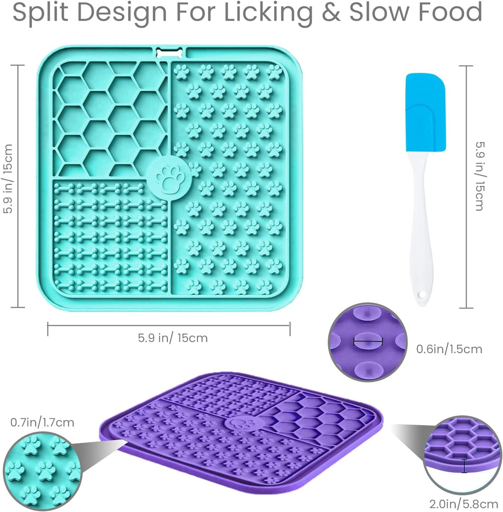 Licky Mats for Dogs Pack of 2 Licky Mats for Dogs with Strong Suction Cup - Slow Pet Feeder for Food, Peanut Butter Includes Spatula & Brush - Perfect for Grooming & Training (Light Blue/Purple)