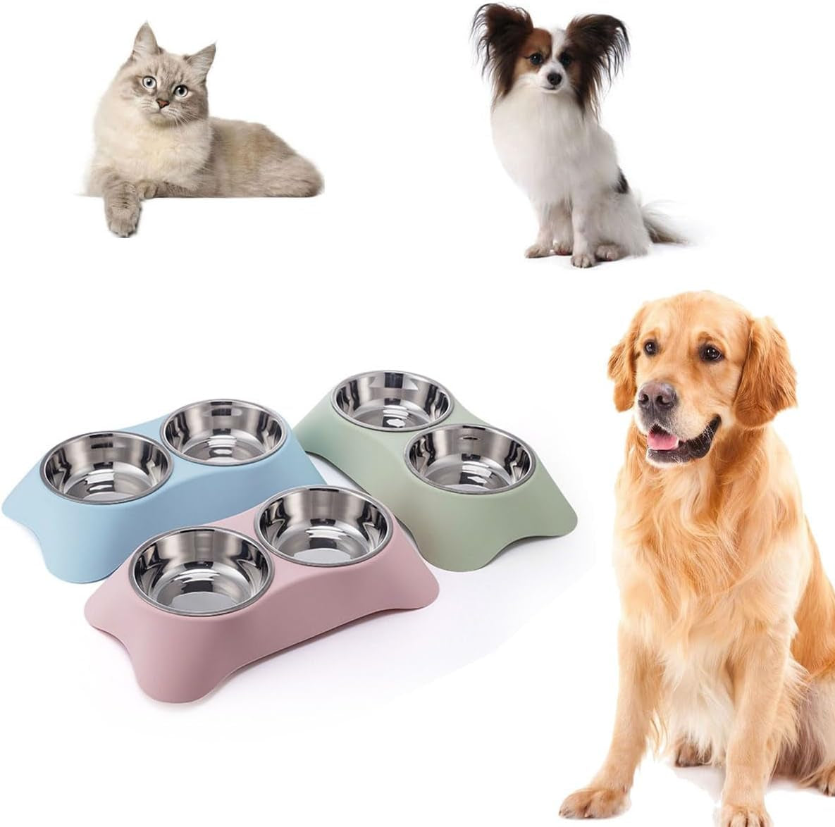 Double Dog Bowl,Non Slip Stainless Steel Double Bowls (M, Blue) | Non-Spill Pet Double Bowls with 1 Pet Food Spoop for Small Dogs and Cats