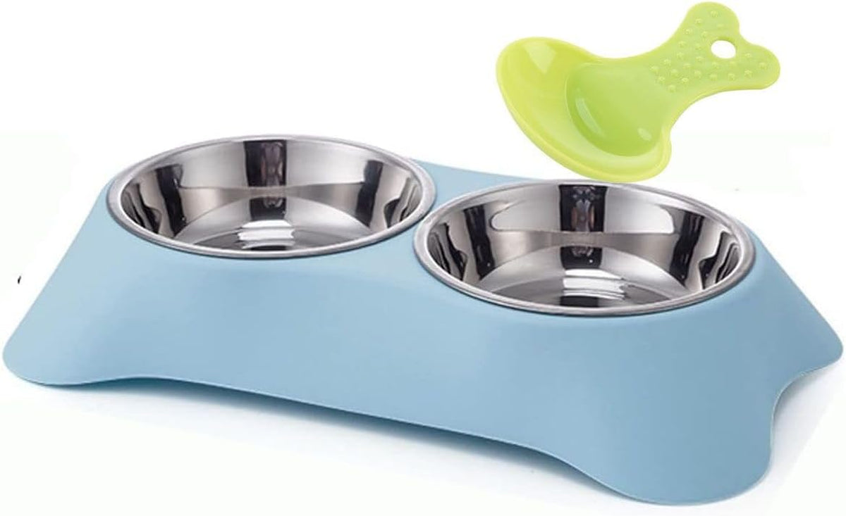 Double Dog Bowl,Non Slip Stainless Steel Double Bowls (M, Blue) | Non-Spill Pet Double Bowls with 1 Pet Food Spoop for Small Dogs and Cats