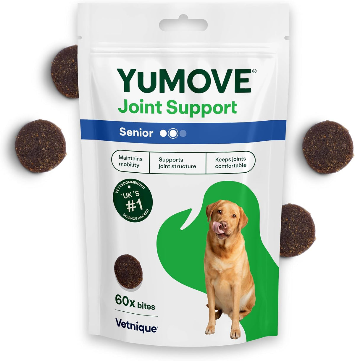 Yumove Senior Dog Joint Supplement, Daily Bites for Joint Care, Essential Dog Hip and Joint Aid for Senior Dogs Aged 8+, 60 Tablets - Eco Friendly and Letter Box Ready Packaging