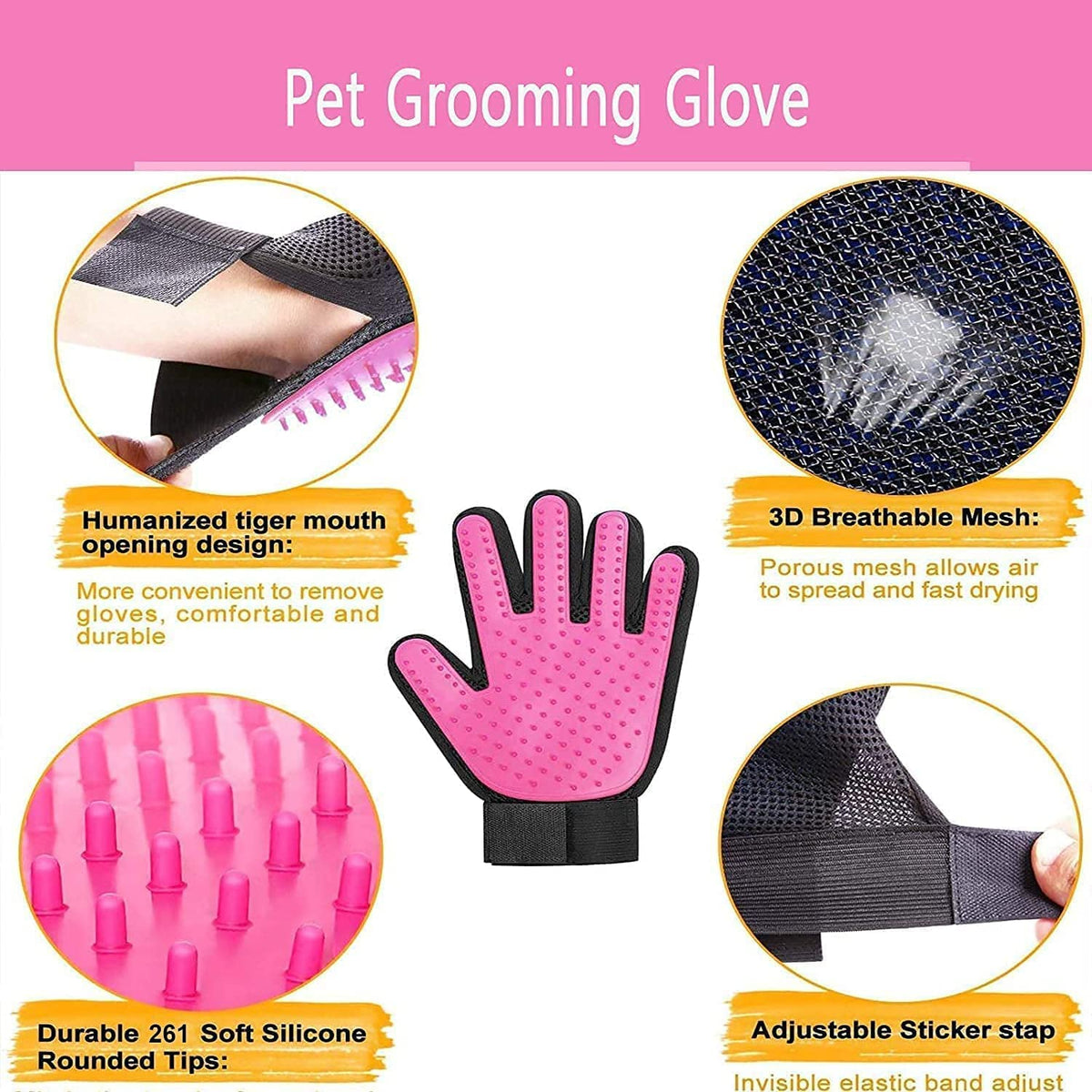 Pet Dog Cat Grooming Glove,Gentle Deshedding Brush Glove,Efficient Pet Hair Remover Mitt,Massage Tool with Enhanced Five Finger Design,For Dogs,Cats,Rabbits,Horses with Long/Short Fur,1 Pair