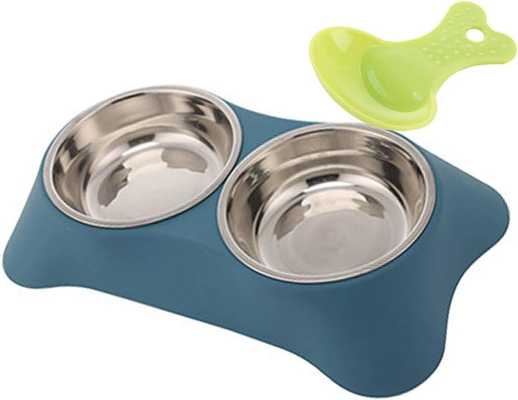 Double Dog Bowl,Non Slip Stainless Steel Double Bowls (Dark Blue, M) | Non-Spill Pet Double Bowls with 1 Pet Food Spoop for Small Dogs and Cats