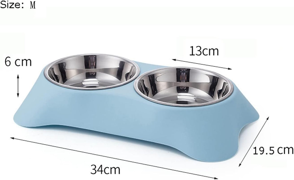 Double Dog Bowl,Non Slip Stainless Steel Double Bowls (Dark Blue, M) | Non-Spill Pet Double Bowls with 1 Pet Food Spoop for Small Dogs and Cats