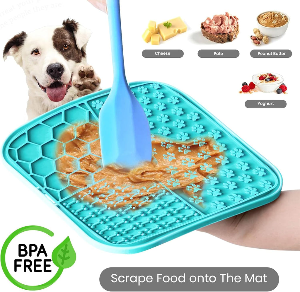 Licky Mats for Dogs Pack of 2 Licky Mats for Dogs with Strong Suction Cup - Slow Pet Feeder for Food, Peanut Butter Includes Spatula & Brush - Perfect for Grooming & Training (Light Blue/Purple)