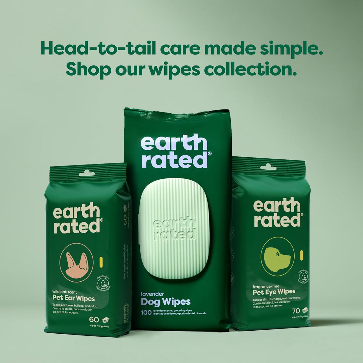 Earth Rated Vet-Developed Pet Eye Wipes, Hypoallergenic Cleaner for Dogs & Cats Eyes to Remove Dirt & Discharge, Fragrance Free, 70 Count