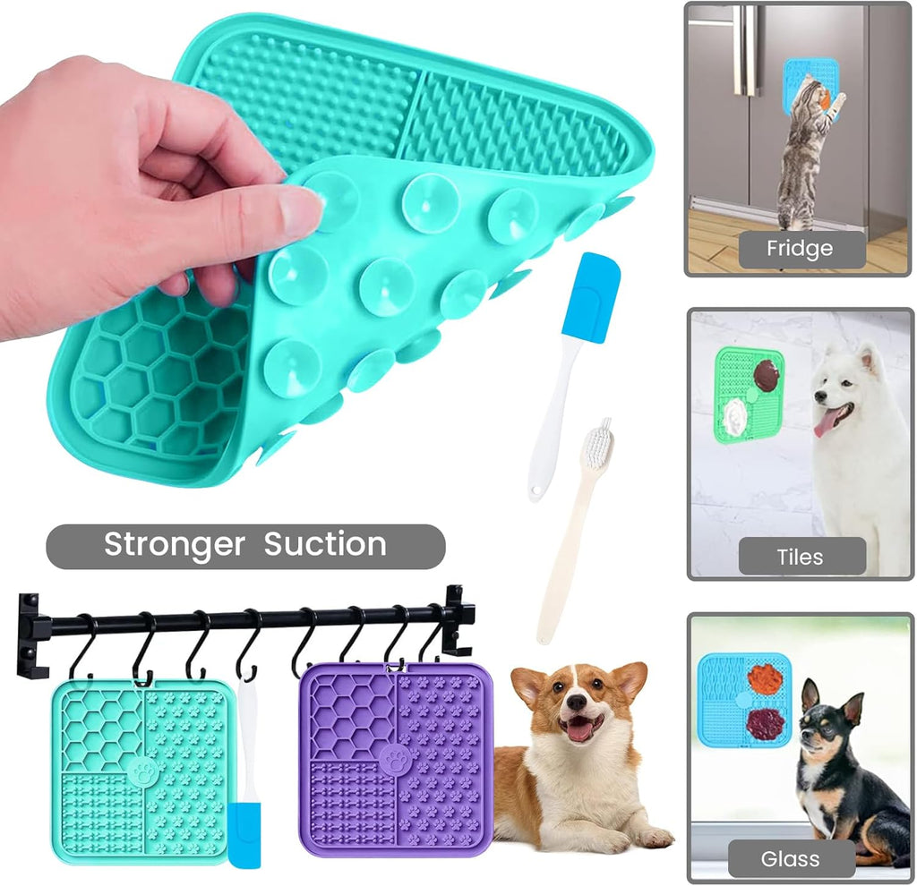 Licky Mats for Dogs Pack of 2 Licky Mats for Dogs with Strong Suction Cup - Slow Pet Feeder for Food, Peanut Butter Includes Spatula & Brush - Perfect for Grooming & Training (Light Blue/Purple)