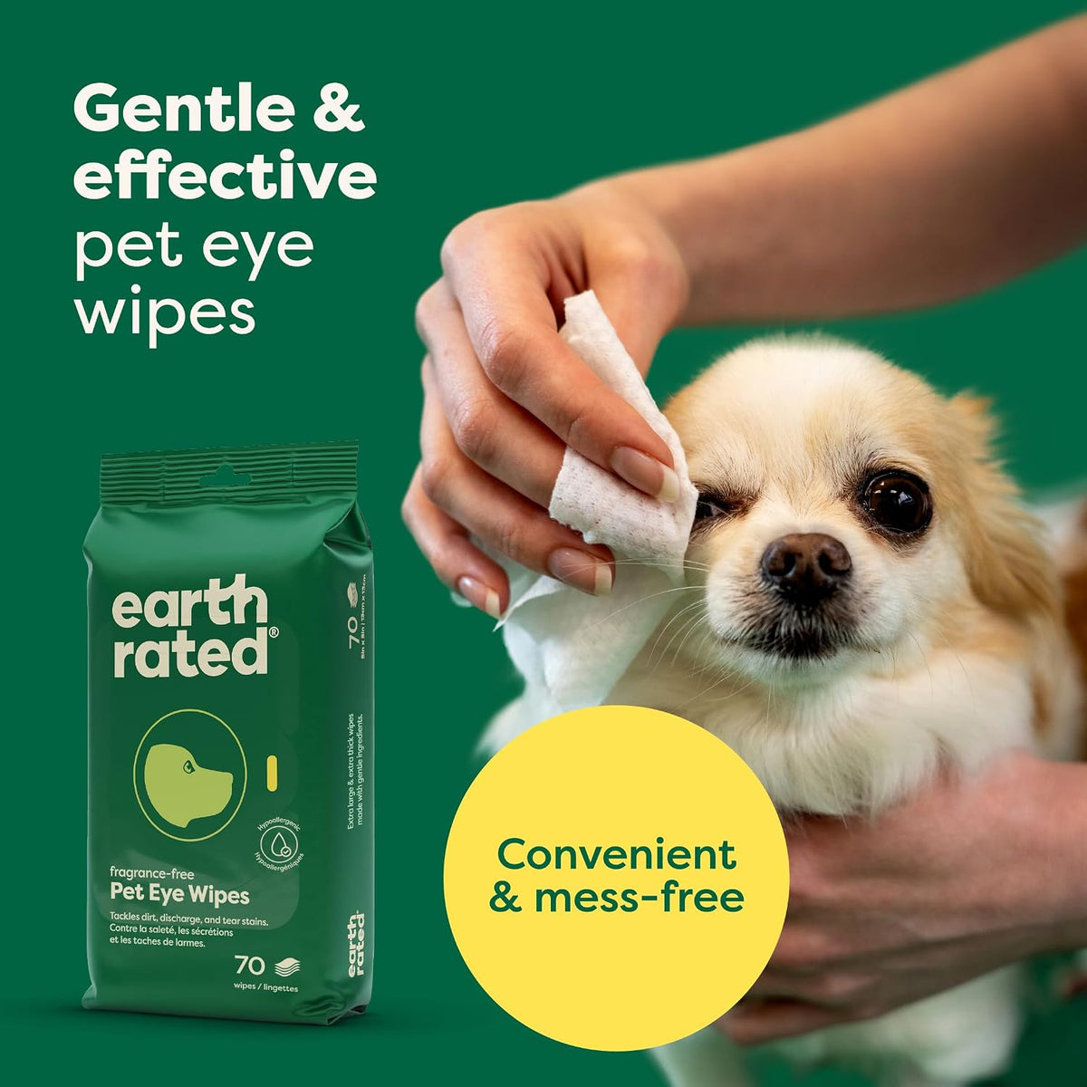 Earth Rated Vet-Developed Pet Eye Wipes, Hypoallergenic Cleaner for Dogs & Cats Eyes to Remove Dirt & Discharge, Fragrance Free, 70 Count