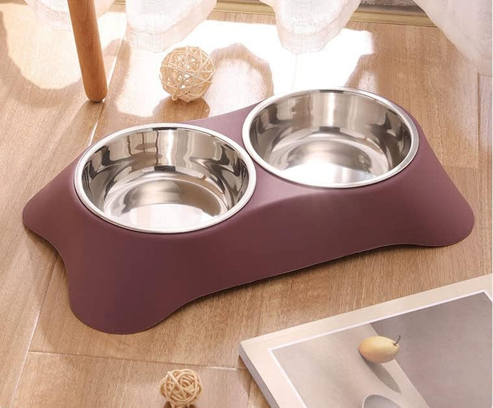 Double Dog Bowl,Non Slip Stainless Steel Double Bowls (Dark Blue, M) | Non-Spill Pet Double Bowls with 1 Pet Food Spoop for Small Dogs and Cats
