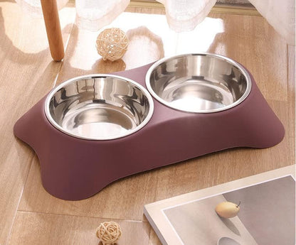 Double Dog Bowl,Non Slip Stainless Steel Double Bowls (Dark Blue, M) | Non-Spill Pet Double Bowls with 1 Pet Food Spoop for Small Dogs and Cats
