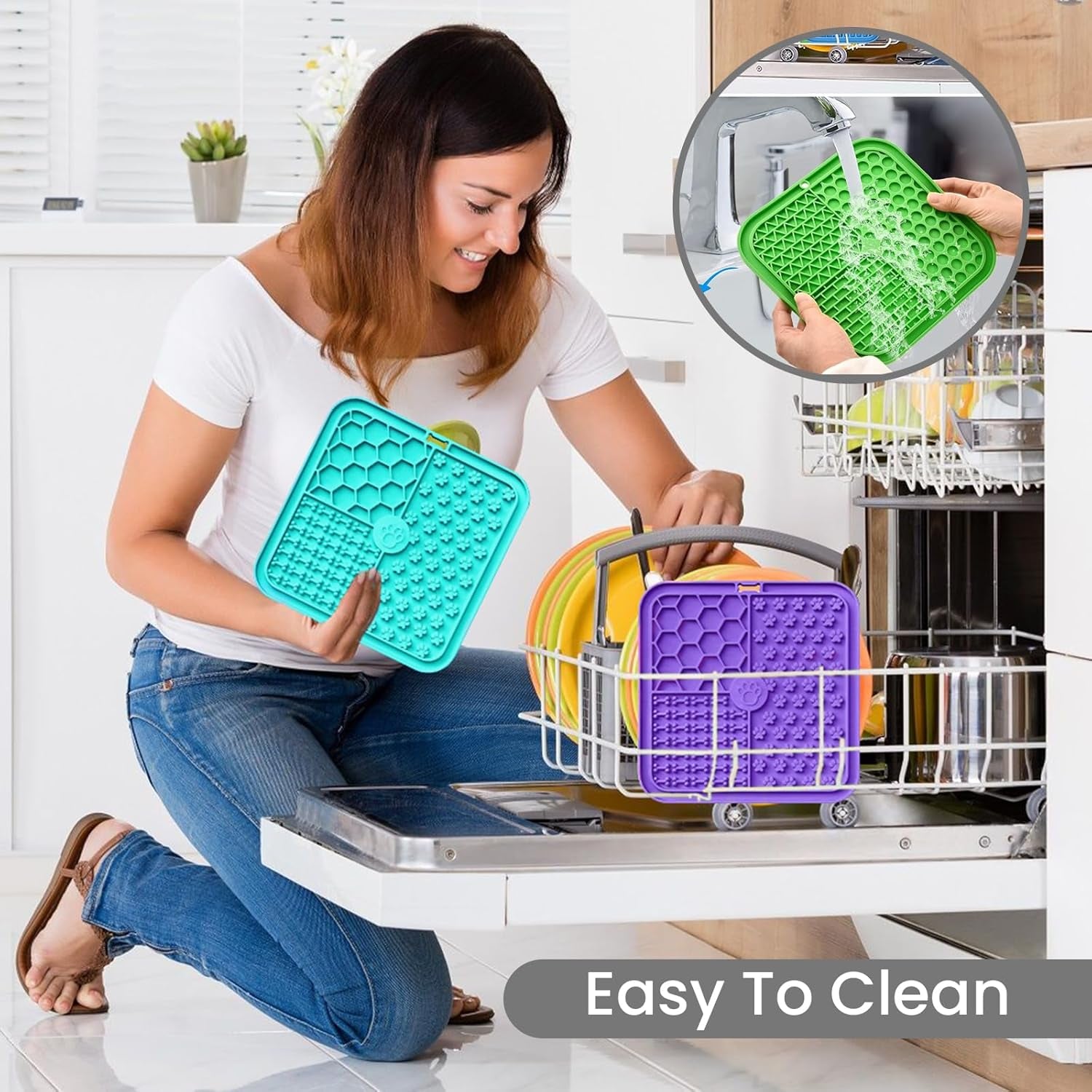 Licky Mats for Dogs Pack of 2 Licky Mats for Dogs with Strong Suction Cup - Slow Pet Feeder for Food, Peanut Butter Includes Spatula & Brush - Perfect for Grooming & Training (Light Blue/Purple)